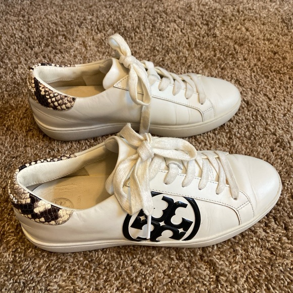 Tory Burch Cream and Black Logo Sneakers with snake skin trim - Picture 2 of 5